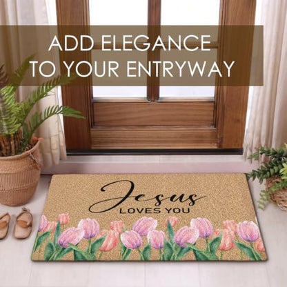 Christian Tulip Floral Faux Coco Coir Doormat Door Mat 30x17 Inch - color: Tulip