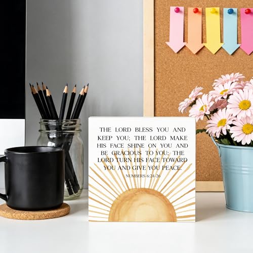 Boho Sun Christian Wooden Box Sign 5x5 Inch, Christian Desk Decor, Numbers 6:24-26 Bible Verse Religious Decorative Wood Signs for Church Prayer Room Desk Tabletop Shelf Decorations - color: Wooden Box Sign D