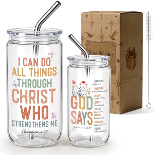 Christian Gifts for Women 16 oz Glass Cups with Lids and Straws, Inspirational Bible Verse Iced Coffee Cup Tumbler for Daily Use, Mothersday Baptism Birthday Religious Gifts for Church Friends