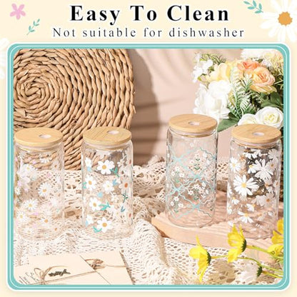Mumufy 4 Pack Daisy Fresh Glass Cup, 16 oz Tumbler Mug with Bamboo Lid - style: Daisy Fresh