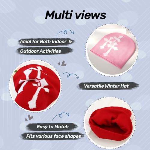 Fashion Knit Beanie with Cross Pattern Y2K Unisex Soft Jacquard Cap Popular Hip-Hop Cool Street Outdoor Sports Earflap Hat - color: Pink