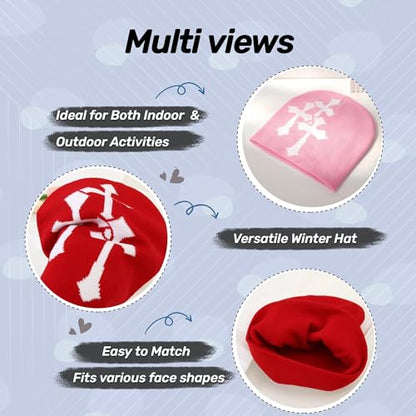 Fashion Knit Beanie with Cross Pattern Y2K Unisex Soft Jacquard Cap Popular Hip-Hop Cool Street Outdoor Sports Earflap Hat - color: Pink