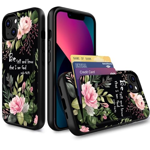 for iPhone 15 Case,Wallet Case Credit Card Holder Dual Layer Hybrid Shockproof PC + TPU Case Cover for iPhone 15 6.1" 2023,Flower Bible Verse Psalm 46:10 - color: Flower Bible Verse Psalm 46:10, size: iPhone 15 6.1"