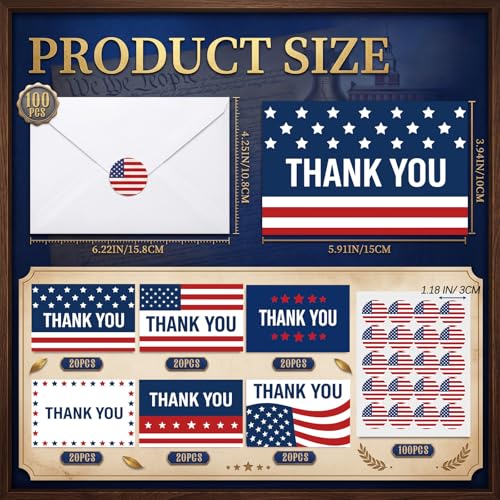 Eaasty 100 Pcs Cards with Stickers, Envelopes, Patriotic Thank You Style - style: Patriotic Thank You Style