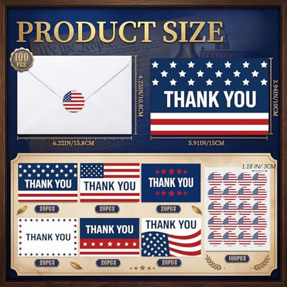 Eaasty 100 Pcs Cards with Stickers, Envelopes, Patriotic Thank You Style - style: Patriotic Thank You Style