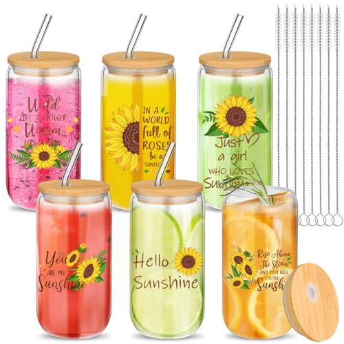 Maxcheck 6 Set 16 oz Sunflower Glass Cups with Bamboo Lids and Straws - style: Sunflower