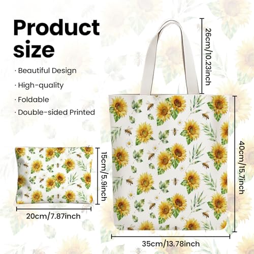 2 Pack Canvas Tote Bag with Makeup Zipper Pouch Colorful Polyester Printed Reusable Shopping Bags for Women - style: Sunflower