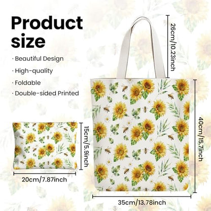 2 Pack Canvas Tote Bag with Makeup Zipper Pouch Colorful Polyester Printed Reusable Shopping Bags for Women - style: Sunflower