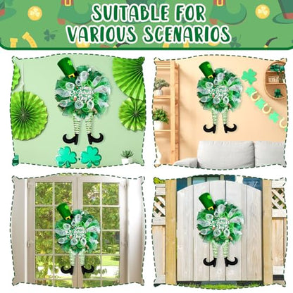 25 Inch St Patrick's Day Wreath for Front Door Green Leprechaun Mesh Wreath with Plush Shamrock Top Hat - color: St Patrick's Day-1