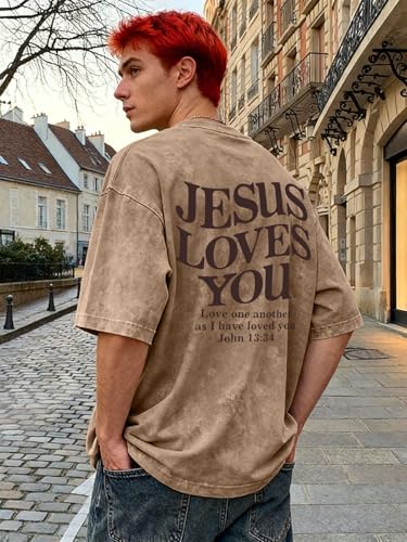 Christian Shirt for Men Jesus Loves You Shirt Oversized Acid Wash Tops - color: Apricot, size: Large