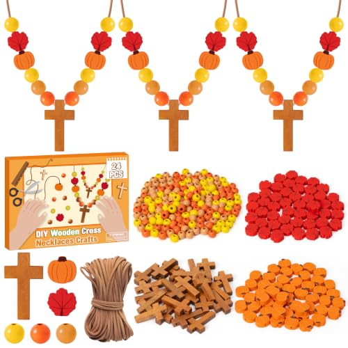 BeYumi Fall Cross Necklace Craft - 24Pcs Christian Wooden Beads for Kids - style: Pumpkin Leaf