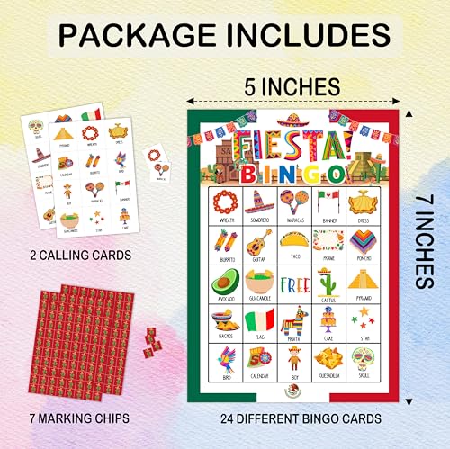 Fiesta Bingo Games, Travel Trip Bingo Cards, Mexican Theme Party Game for Adults Family, Christmas Party Activities, 24 Bingo Sets, A004 - color: Mexican Fiesta