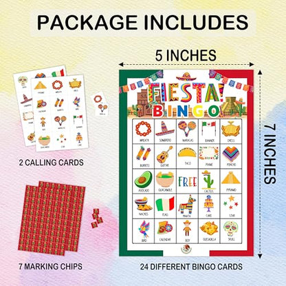 Fiesta Bingo Games, Travel Trip Bingo Cards, Mexican Theme Party Game for Adults Family, Christmas Party Activities, 24 Bingo Sets, A004 - color: Mexican Fiesta