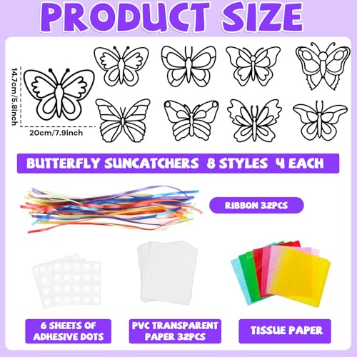 Lonfliness 32 Sets Butterfly Suncatcher Craft Kit DIY VBS Window Stain Glass Effect Paper Butterfly Sunday School Classroom Decors Spring Easter Art Craft Creative Activity Project Kid Gift Favor - style: Butterfly