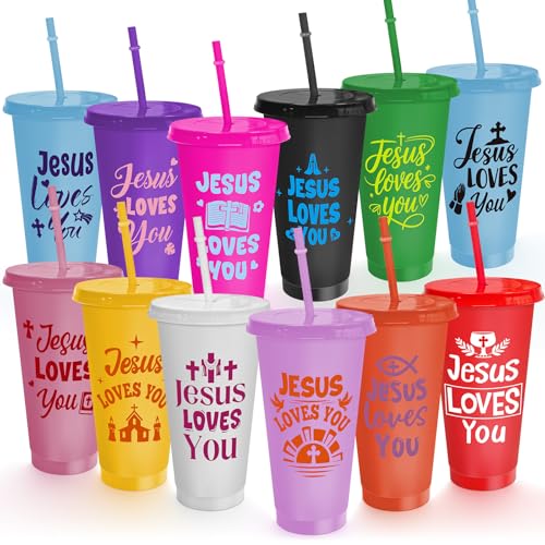 Cinrobiye 24 Pcs Christian Tumblers Bulk 24 oz Bible Verse Cups with Lids and Straws Religious Drink Cups for Church Gifts VBS Gifts Sunday School Events Faith-Based Party Favors