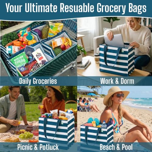 VENO 4 Pack Large Grocery Bag Reusable Shopping Bags with Hard Bottom - color: Classic Navy Stripe