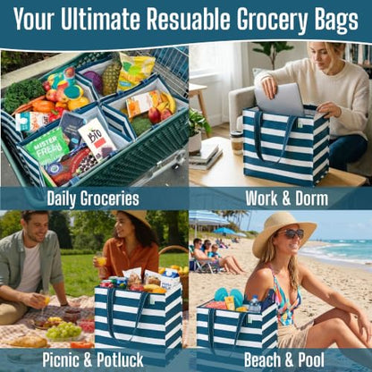 VENO 4 Pack Large Grocery Bag Reusable Shopping Bags with Hard Bottom - color: Classic Navy Stripe