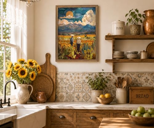 Framed Southwestern Cowboy Impasto Mountain Landscape Wall Art, 12x16 Inch - color: Multicolor - Teal, Gold, Green, Brown, Blue, Yellow, White, size: 12"L x 16"W