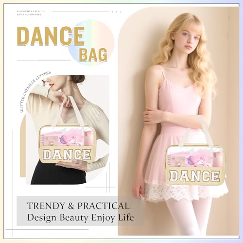 Dance Bag for Girls Chenille Letter Clear Makeup DANCE Stuff Bag,Toddler Dance Recital Gifts Ballet Cosmetic Zipper Pouch with Handle,Dance Competition Accessories Toiletry Storage Bag(DANCE-Beige) - color: DANCE-Beige
