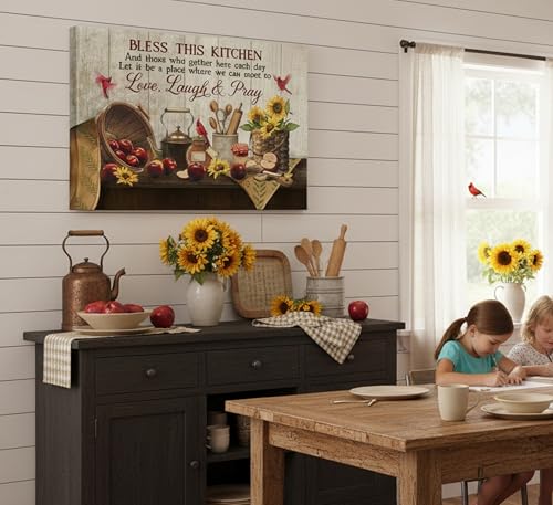 Vintage Christian Kitchen Canvas Wall Art Blessing This Kitchen Rustic Country Farmhouse Painting Picture Wall Decor Poster Prints Artwork for Dining room Restaurant Home Decoration - color: Kitchen Canvas, size: 16"L x 12"W