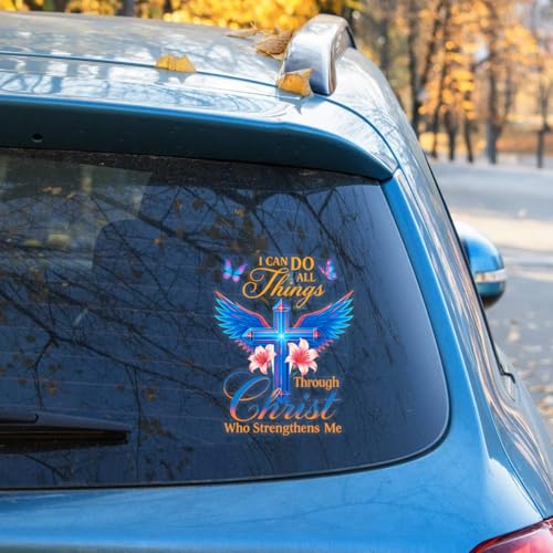 Premium I Can Do All Things Through Christ Car Decal – Christian Cross with Wings and Flowers Vinyl Sticker, Inspirational Faith Quote Gift for Car, Truck, or Window – Durable Weatherproof 6x4.7 in