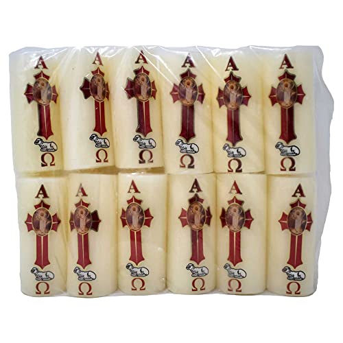 Cirio Pascual Paschal Candle – (3" inches - Mini / 12 pc Pack) 100% Wax Religious with Alpha & Omega Symbol – Jesus Christ Church for Holy Saturday Vigil, Resurrection & Worship - size: 3" inches - Mini / 12 pc pack