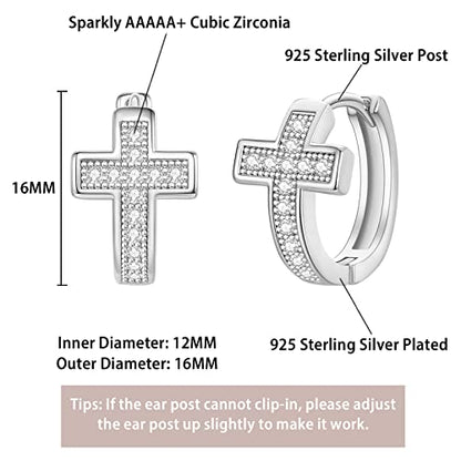 14K Gold Huggie Earrings for Women Silver Huggie Hoop Earrings Cubic Zirconia Huggie Earrings Stud Earrings Lightweight Dainty Hypoallergenic Earrings Jewelry Gifts - color: Silver Cross CZ Huggie Earrings