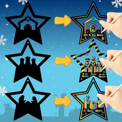 CY2SIDE 60PCS Easter Nativity Star Scratch Card Gift Set for Kid, DIY Jesus Birth Christian Scratch Paper Art for Kids School Activity, Religious Magic Art Rainbow Color Xmas Tree Hanging Ornament - style: Christmas Star