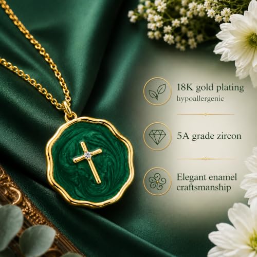 Enamel Cross Necklace for Women 18K Gold Plated Christian Pendant - color: Dark Green