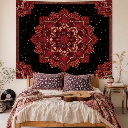 Apdidl Boho Mandala Tapestry for Bedroom, Black and Red Hippie Floral Ceiling Wall Hanging Art Aesthetic, Bohemian Indian Vintage Flower Poster Tapestries for Living Room Dorm Decor 51" X 60" - color: H-Red Mandala Tapestry, size: 60"L x 51"W