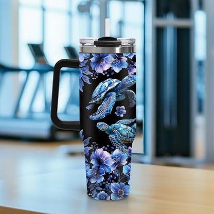 40oz Dark Mystical Sea Turtle Tumbler with Straw, Goth Blue Floral Ocean Gifts for Women Girls, Black Aesthetic Stainless Steel Insulated Travel Coffee Mug with for Teens Sister Cool Bestie Birthday - color: Sea Turtle-D-174
