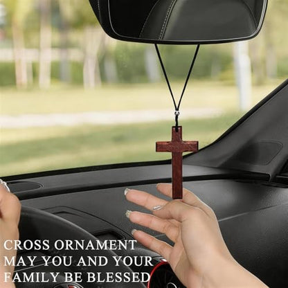 Wooden Cross for Car Mirror Hanging - Christian Vehicle Ornament with Wood Design, Cross Car Charm Hanging Accessory, Road Trip Travel Gifts for Men and Women (1)