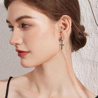 Han han 925 Sterling Silver Cross Earrings for Women and Men - style: A-Large cross hoop earrings-black