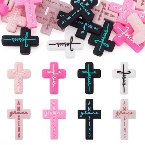 Beadthoven 16Pcs Cross Silicone Focal Beads for Pens Pink Black Cross Shaped Beads Faith Jesus Rubber Spacers for Keychain Making Bracelets Necklace DIY Crafting - color: Pink Black 8 Styles