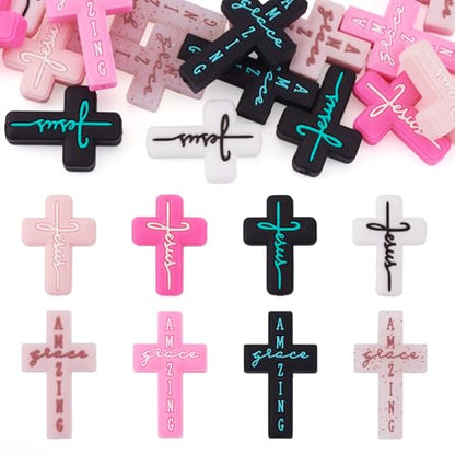 Beadthoven 16Pcs Cross Silicone Focal Beads for Pens Pink Black Cross Shaped Beads Faith Jesus Rubber Spacers for Keychain Making Bracelets Necklace DIY Crafting - color: Pink Black 8 Styles