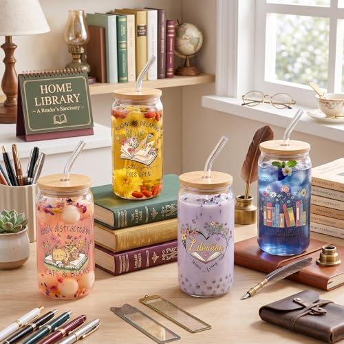 Glass Cups with Lids and Straws, 4Pack, 16oz, Bookworm Book - style: Book Lover