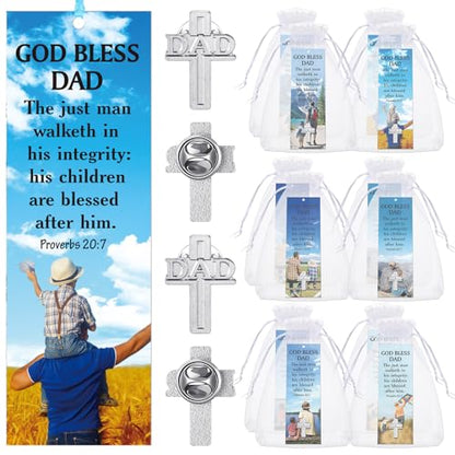 Supervitae 24 Pcs/ 12 Sets Father's Day Bookmark Gifts Bulk God Bless Dad Lapel Pin with Bookmark Gift Set, Include 12 Proverbs 20: 7 Christian Bookmarks 12 Cross Dad Pin for Religious Church Prizes - style: God Bless Dad