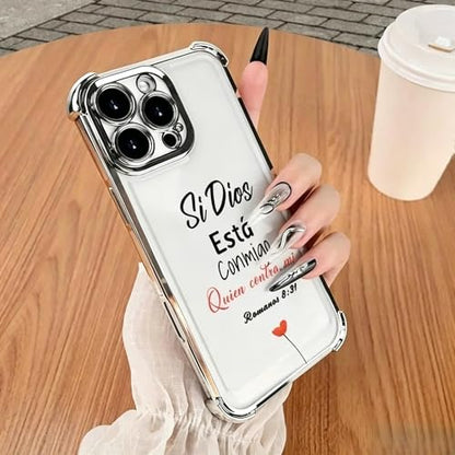 Electroplated Phone Case Compatible with iPhone 17 Pro Max 16 15 14 13 12, Si Dios Esta Conmigo Bible Verse Pattern, Four Corner Shockproof Cover, Women Faith Gift (Silver, iPhone 17 Pro)