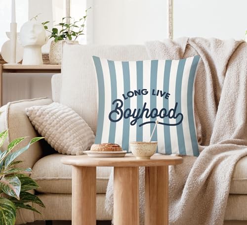 Voatok Boys Room Pillow Cover 18x18, Blue Striped Long Live Boyhood Decorative Throw Pillow Cover Pillowcases Decorations for Kids Boy Nursery Room Bedroom Playroom Sofa Bed Couch Decor - color: Long Live-1