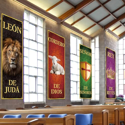 4Pcs Spanish Church Banners for Sanctuary Wall Worship Religious Banners Hanging Backdrop Christian Porch Signs Bible Verses Banner Scripture Hanging Signs for Church School Decor - style: Spanish Bible Verses