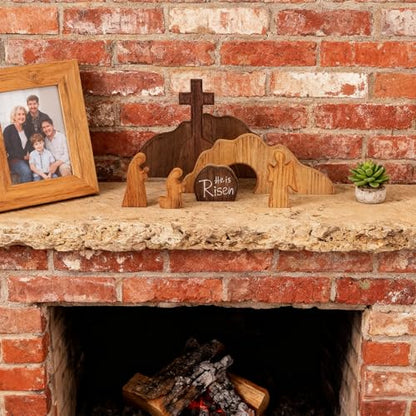 Glintoper Empty Tomb Easter Scene and Cross Decoration, 7pcs Wooden Easter Resurrection Scene Cross Jesus Tomb Tray Set, Tabletop Christian Gifts Jesus Nativity Scene Decor for Religious Home Office - size: 7 PCS