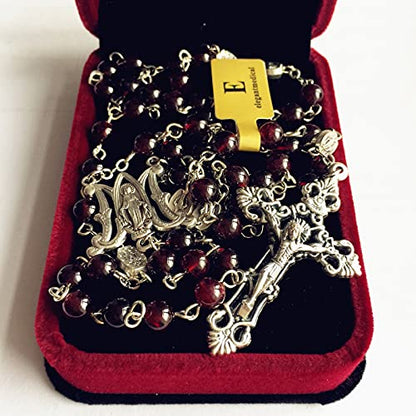 elegantmedical HANDMADE GARNET GEMSTONE BEADS Our Lady Of Virgin Mary Catholic Rosary Necklace Cross Box
