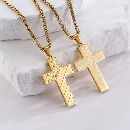 DuoDiner 18+2" Cross Necklace for Men Boys Christian Confirmation Gifts - color: Gold, style: Lord's Prayer