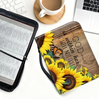 Bible Cover for Women Large PU Leather Zippered Bible Case with Handle and Christian Sunflower Design, Christian Bible Cover for Girls & Women, Cover Fits Standard 9.5"x7.5"x2.3" Bible - color: Christian Sunflower