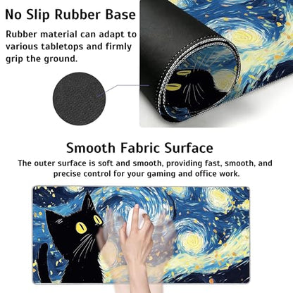Blue Starry Night Black Cat Mouse Pad,35.4 x 15.7 Inch Large Mouse Mat Non-Slip Rubber Stitched Edges for Writing Desk,Office,Home,Laptop - color: Blue Starry Night Black Cat, size: 35.4L x 15.7W inches