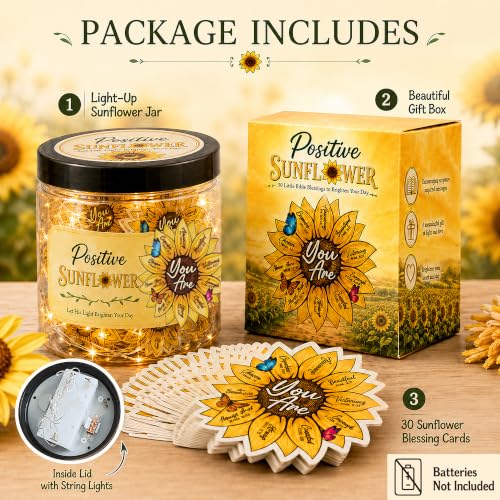 Positive Sunflower Jar with 30 Bible Verse Cards, Christian Gifts for Women - color: Sunflower