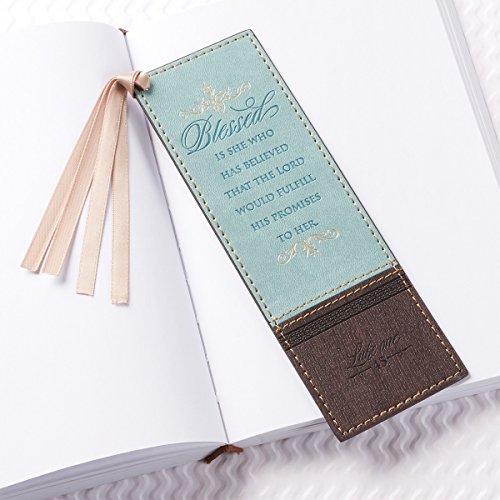 Christian Art Gifts Faux Leather Scripture Bookmark: Blessed is She - color: Brown/Blue - Blessed
