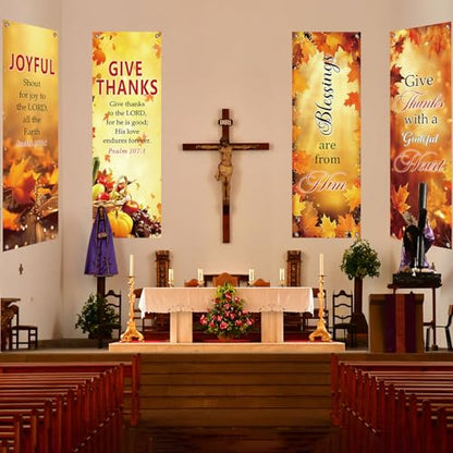 4Pcs Church Banners for Sanctuary Wall Welcome Inspirational Religious Hanging Backdrop Thanksgiving Fall Maple Leaves Pumpkins Church Banner Scripture Bible Verse Banner for Holiday School Decor - style: Give Thanks Fall