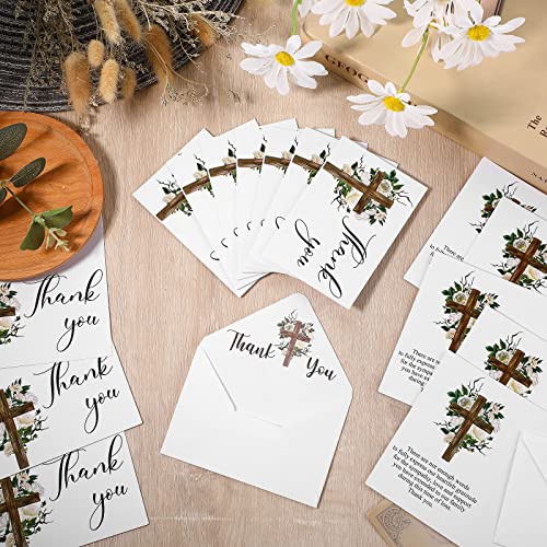 Spakon 50 Pack Funeral Thank You Cards with Envelopes and Stickers Bulk 4x6 Inch Sympathy Bereavement Thank You Cards with Message Floral Cross for Funeral Family, Celebration of Life(Cross)