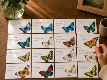 Bible Verse Cards with Wood Stand, 48 Prayer Cards for Daily Display - color: Butterfly